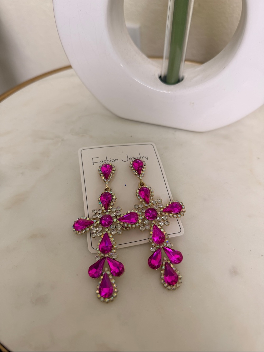 Fashion Jewelry Hot Pink Crystal Cross Drop Earrings